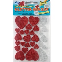 Folia Moosgummi Glitter-Sticker HERZEN I , 40 Stück rot/silber