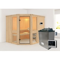 Karibu Sauna mit Eckeinstieg 68 mm-9 kW Ofen inkl.