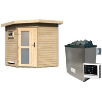 Karibu Gartensauna Pultdach Saunahaus Pekka mit Eckeinstieg-9 kW Ofen