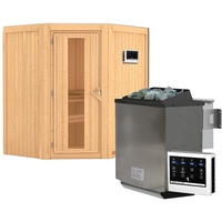 Karibu Sauna Taurin mit Eckeinstieg 68 mm-9 kW Bio-Kombiofen