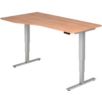 Hammerbacher VXDSM18 elektrisch höhenverstellbarer Schreibtisch nussbaum Trapezform, T-Fuß-Gestell silber