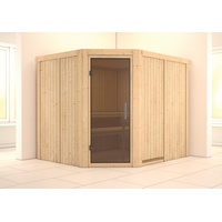 Karibu Sauna Malin mit Eckeinstieg 68 mm-Ohne Ofen-ohne Dachkranz-Ganzglastür