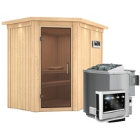 Karibu Sauna Carin mit Eckeinstieg 68 mm-9 kW Bio-Kombiofen
