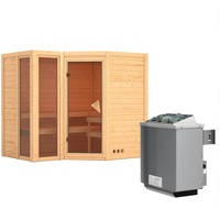 Karibu Sauna Amara-Massivholzsauna 40mm -Eckeinstieg - Exklusivoptik-9 kW Ofen