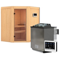 Karibu Sauna Taurin mit Eckeinstieg 68 mm-9 kW Bio-Kombiofen