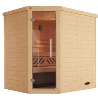 Weka Massivholz-Eck-Sauna Kemi Eck mit Glastür und Komfortpaket
