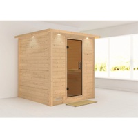 Karibu Sauna Mojave mit Dachkranz, mit moderner Saunatür