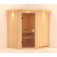 Karibu Sauna Taurin mit Eckeinstieg 68 mm-Ohne Ofen-inkl. Dachkranz