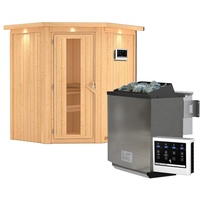 Karibu Sauna Taurin mit Eckeinstieg 68 mm-9 kW Bio-Kombiofen