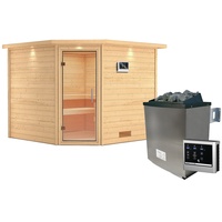 Karibu Sauna Leona 38 mm Massivholz -Inkl. Dachkranz-Klarglas Ganzglastür-9