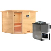 Karibu Sauna Leona 38 mm Massivholz-Inkl. Dachkranz-Klarglas Ganzglastür-9 kW