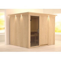 Karibu Sauna Gobin mit Fronteinstieg 68 mm-Ohne Ofen-inkl. Dachkranz-Ganzglastür