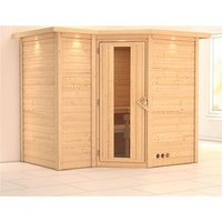 Karibu Sahib 2-Sauna 40mm -Eckeinstieg - Exklusivoptik-Ohne Ofen-inkl. Dachkranz-