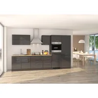 Held Möbel Küchenzeile Mailand 350 cm Grau Hochglanz-Grau Matt