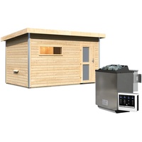 Karibu Saunahaus Skrollan 3 mit Vorraum naturbelassen-9 kW Bio-Kombiofen