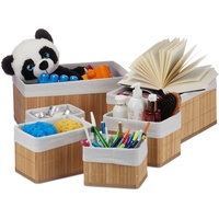 Relaxdays Aufbewahrungskorb 6er Set, mit Stoffbezug, Bambus, rechteckig, Bad,