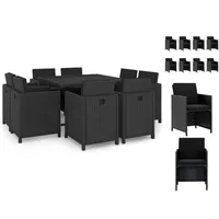 VidaXL 9-tlg. Garten-Essgruppe mit Auflagen Poly Rattan Schwarz