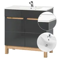 Lomadox Badezimmer Waschtisch Set mit 81cm Keramik-Waschbecken, Unterschrank Hochglanz