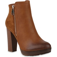 VAN HILL Damen Stiefeletten Plateau-Boots Zipper Holzoptikabsatz Schuhe 146555