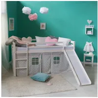 Homestyle4u Hochbett weiß mit Leiter und Stoffvorhang grau