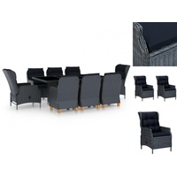 VidaXL 9-tlg. Garten-Essgruppe mit Auflagen Poly Rattan Dunkelgrau