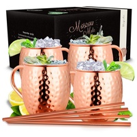 Vezato Moscow-Mule-Becher [500ml] – Gehämmerte Kupferbecher mit Strohhalmen –