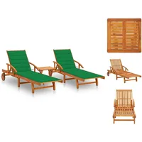VidaXL Sonnenliegen 2 Stk. mit Tisch und Auflagen Massivholz