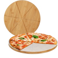 Relaxdays Pizzabrett Bambus 2er Set, runde Pizzateller 33 cm