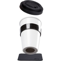Silwy silwy® Porzellan TO-GO-CUP inkl. schwarzer Hitzeschutzbanderole, metallischen Nano-Gel-Untersetzer