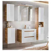 Lomadox Badmöbel-Set LUTON-56 5-tlg. Hochglanz Weiß mit Wotan Eiche