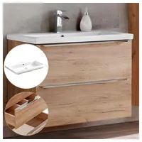 Lomadox Waschtisch-Unterschrank 80cm mit Keramik-Waschbecken TOSKANA-56 in Wotaneiche, B/H/T