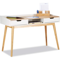 Relaxdays Schreibtisch weiß rechteckig, 4-Fuß-Gestell braun 120,0 x 55,0