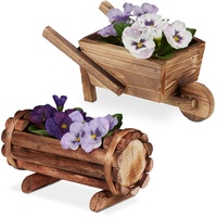 Relaxdays Pflanzengefäß Holz, 2 Stück, Pflanzschubkarre & halbes Blumenfass,