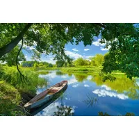 Papermoon Fototapete PAPERMOON "FRÜHLINGS-LANDSCHAFT-FLUSS BOOT BÄUME STRAND UFER WALD",