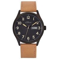 S.Oliver Herren Quarzuhr Analog, mit Leder Armband, Schwarz, 5