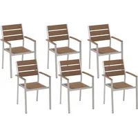 Beliani Gartenstuhl 6er Set Hellbraun Kunstholz Holzoptik Aluminiumgestell mit