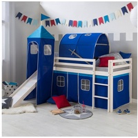 Homestyle4u Hochbett 90x200 Weiß Blau Holz Kiefer Vorhang Turm