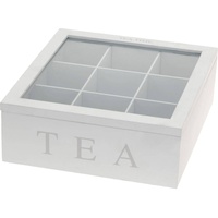 Koopmann International Teebox Holz Weiß Deckel 9-Fächer mit Aufschrift