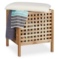 Relaxdays Badhocker mit Wäschesammler, HBT:52x49x49cm, Sitzkissen aus Walnussholz, 49x52x49