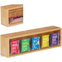 Relaxdays Teebox Bambus, 5 Fächer für 50 Teebeutel, mit