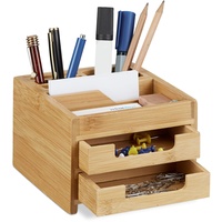 Relaxdays Schreibtisch-Organizer braun Bambus 2 Stifteboxen, 2 Schubfächer, 1