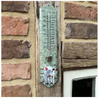 Antikas Tierthermometer, aus Eisen, Hellgrün Lackiert, Ferkel Motiv -