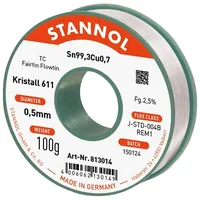 Stannol Kristall 611 Fairtin Lötzinn, bleifrei bleifrei Sn99,3Cu0,7 100g