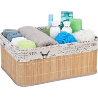 Relaxdays Aufbewahrungskorb, Stoffbezug mit Retro-Print, Bambus, rechteckig, Bad Regalkorb
