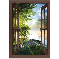 ARTland Wandbild ARTLAND "Fensterblick Angelsteg am Fluss", braun (farbe