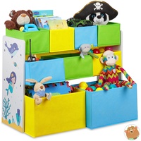 Relaxdays Kinderregal mit 9 Stoffboxen, Meerjungfrau Kindermotiv, Spielzeugregal Organizer