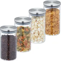 Relaxdays Vorratsgläser 4er Set, 1000ml Nudelglas, luftdicht, Edelstahldeckel, Vorratsdose