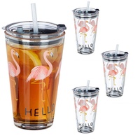 Relaxdays Glasbecher mit Deckel & Strohhalm, 4er Set Flamingo