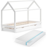 VitaliSpa Kinderbett Hausbett Wiki Weiß 90x200cm Schublade Matratze