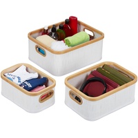 Relaxdays Aufbewahrungskorb Bambus, 3er Set, Badezimmerkorb mit Griff, 3
